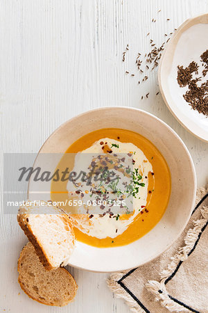 Split pea soup with caraway and sour cream