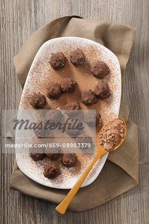 Truffle pralines sprinkled with cocoa powder