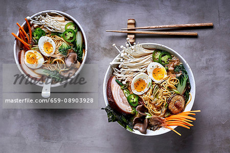 Ramen noodle soup with mushrooms, vegetables, pork belly and egg (Japan)