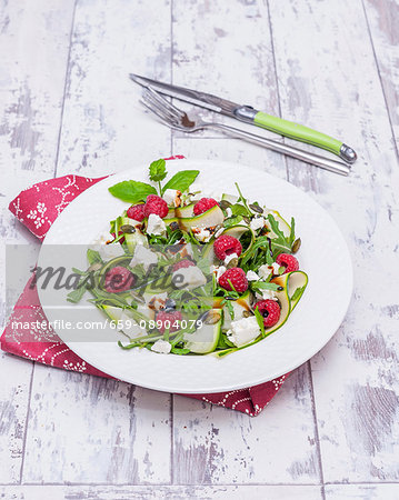 Courgette and feta cheese salad with raspberries