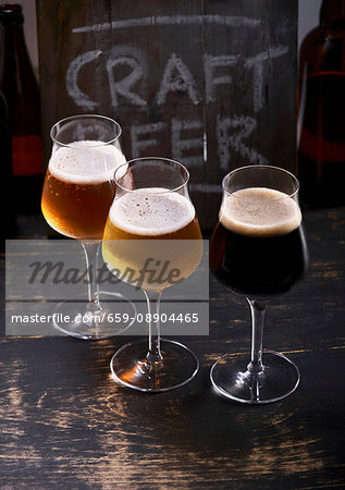 Three types of beer in glasses