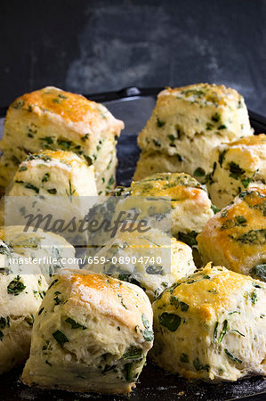 Freshly baked scones with herbs on a baking tray