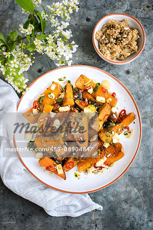 Honey-galzed sweet potatoes and squash with chilli and halloumi