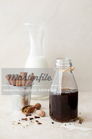 Spiced masala chai syrup with milk and spices