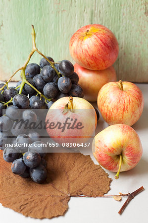 Black grapes, organic apples and an autumn leaf
