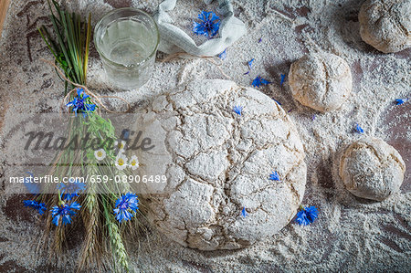 And unbaked loaf of bread and bread rolls withflower, water and ears of corn