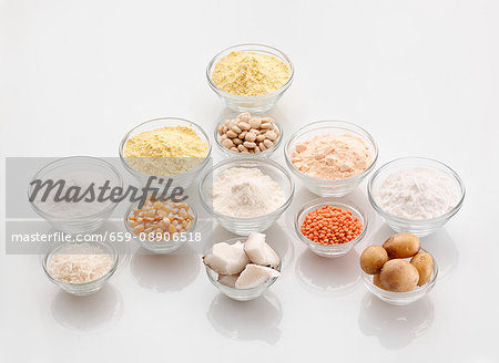 Assorted types of gluten-free flour in bowls