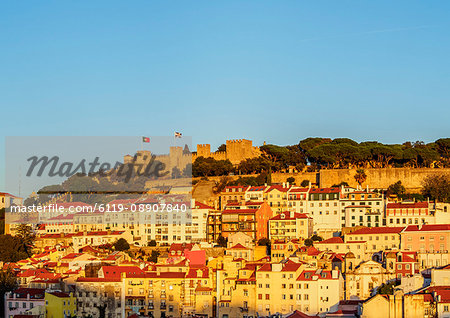 Miradouro de Santa Justa, view towards the Sao Jorge Castle, Lisbon, Portugal, Europe