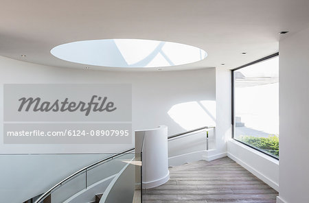 Round skylight at top of stairs in home showcase interior