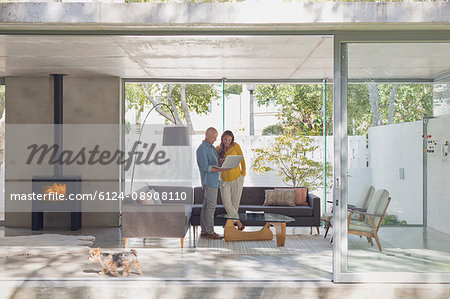 Couple using laptop in modern living room open to patio