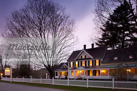 Twilight exterior of a Vermont B&B, Jackson House, Woodstock, VT.