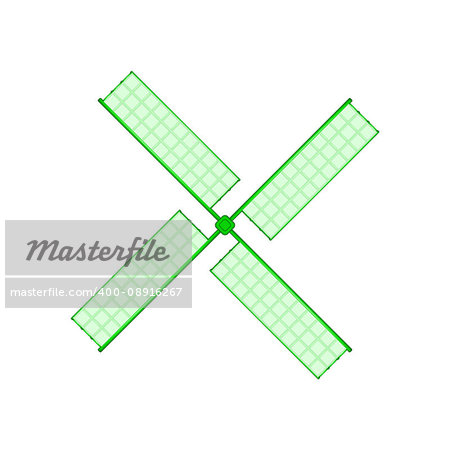 Wooden windmill in green design on white background