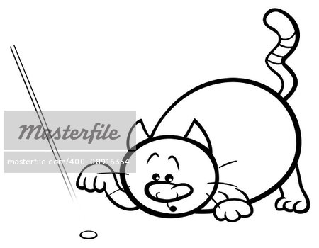 Black and White Cartoon Illustration of Cat Playing with Laser Pointer Coloring Page