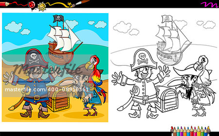 Cartoon Illustration of Pirates on Treasure Island Coloring Book Activity