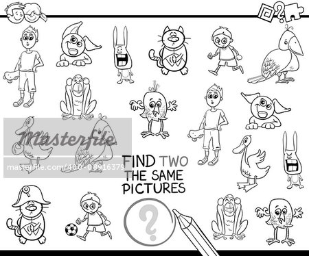 Black and White Cartoon Illustration of Find Two Identical Pictures Educational Activity for Children Coloring Page