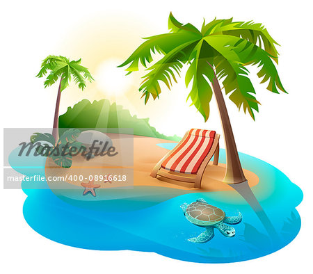 Summer rest. Chaise lounge under palm tree on tropical island. Illustration in vector format