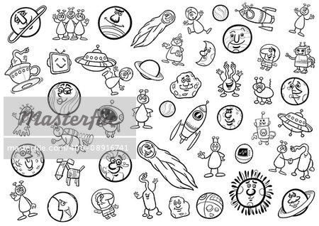 Black and White Cartoon Illustration of Space Objects and Fantasy Characters Set Coloring Page