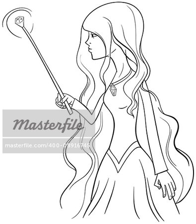 Black and White Cartoon Illustration of Witch Woman Fantasy Character Coloring Page