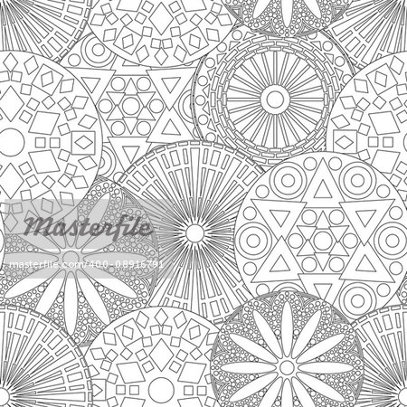 Lacy seamless floral pattern with various stylized geometric black contour flowers on the white background, monochrome vector illustration