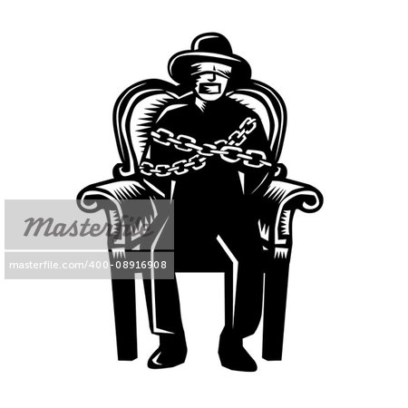 Illustration of a man in hat blindfolded and gagged and duct tape over mouth and bound in chains sitting on grand arm chair viewed from front set on isolated white background.