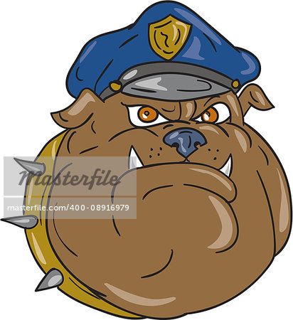 Illustration of a bulldog policeman police officer head viewed from front set on isolated white background done in cartoon style.