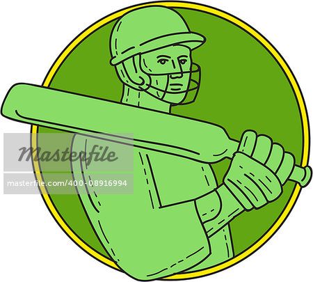 Mono line style illustration of a cricket player batsman wearing helmet holding bat on shoulder viewed from front set inside circle on isolated background.