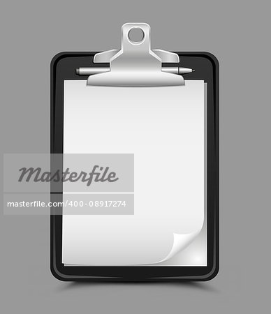 The black clipboard with shadow on gray background. Clear white sheets of paper