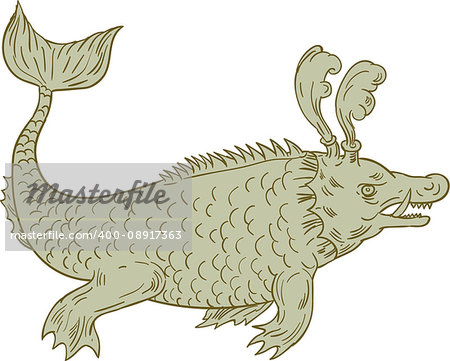 Drawing sketch style illustration of an ancient sea monsters, marine beings from folklore believed to dwell in the sea and often imagined to be of immense size set on isolated white background viewed from the side