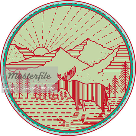 Mono line Illustration of a moose viewed from the side with river mountain and sun burst in the background set inside circle done in retro style.