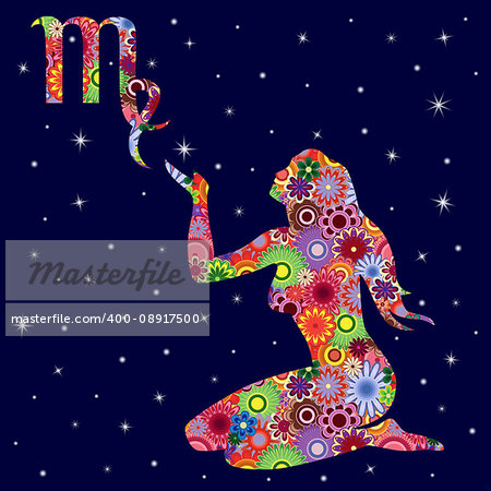 Zodiac sign Virgo with colorful flowers fill on a background of the dark blue starry sky, vector illustration