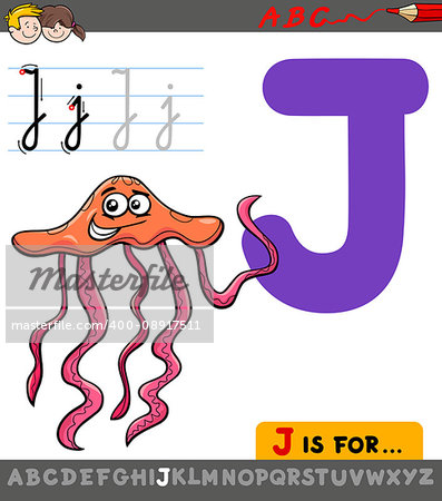 Educational Cartoon Illustration of Letter J from Alphabet with Jellyfish Animal for Children