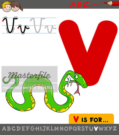 Educational Cartoon Illustration of Letter V from Alphabet with Viper Animal Character for Children