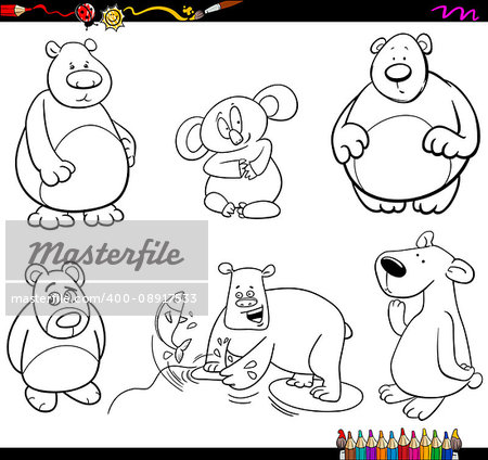 Black and White Cartoon Illustration of Bears Animal Characters Set Coloring Page
