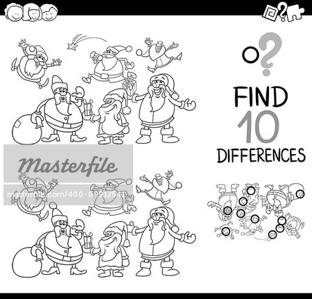 Black and White Cartoon Illustration of Finding Differences Educational Game for Kids with Christmas Characters Coloring Book