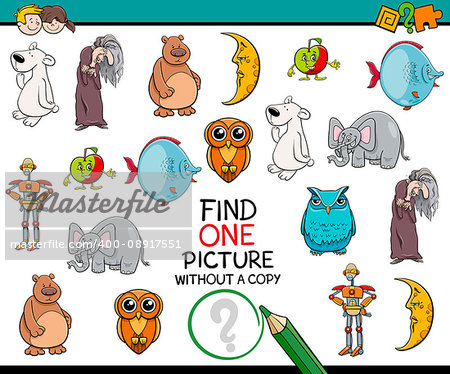 Cartoon Illustration of Educational Game of Finding Single Image for Preschool Kids