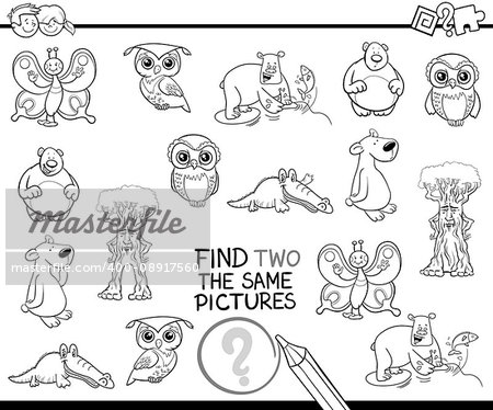 Black and White Cartoon Illustration of Finding Two Identical Pictures Educational Game for Kids Coloring Page