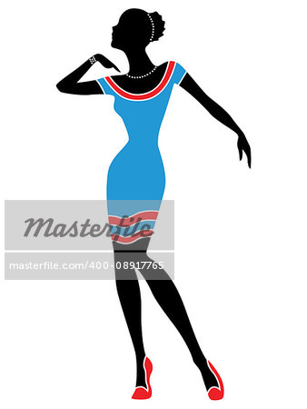 Abstract slender women posing in short blue dress with red stripes and in respective red shoes, hand drawn vector stencil illustration