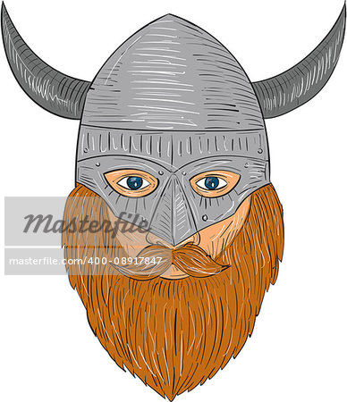Drawing sketch style illustration of a norseman viking warrior raider barbarian head with beard wearing horned helmet viewed from front set on isolated white background.
