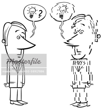 Black and White Concept Cartoon Illustration of Stressed or Frustrated Businessman talking to Manager