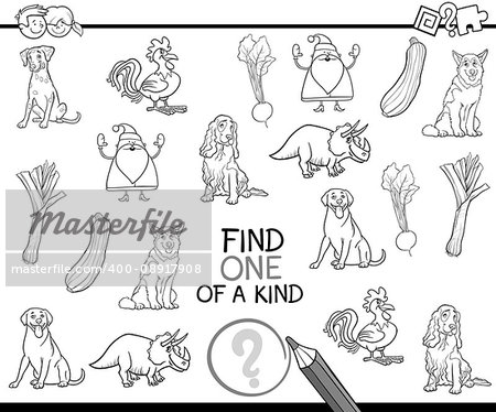 Black and White Cartoon Illustration of Educational Game of Finding One of a Kind for Preschool Children Coloring Page