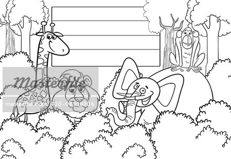 Black and White Cartoon Illustration of Wild Animal Characters with Blank Board Coloring Page