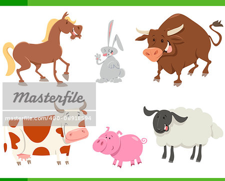 Cartoon Illustration of Cute Farm Animals Set