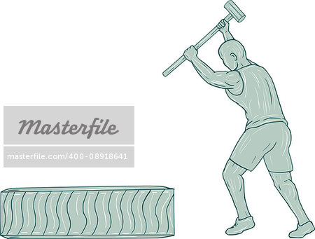 Drawing sketch style illustration of an athlete working out holding sledgehammer striking tire viewed from the side set on isolated white background.