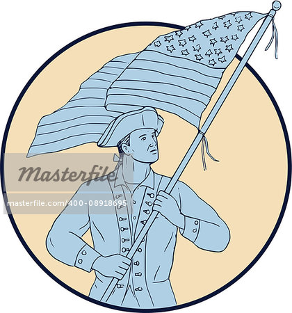 Drawing sketch style illustration of an american patriot carrying waving usa flag looking to the side viewed from front set inside circle.