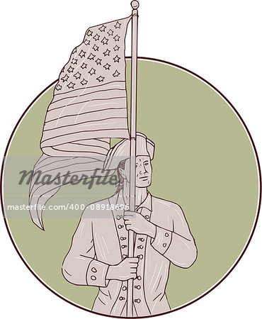 Drawing sketch style illustration of an american patriot standing in full attention carrying usa flag looking to the side viewed from front set inside circle.