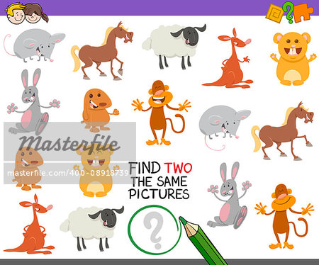 Cartoon Illustration of Looking for Two Identical Pictures Educational Game for Kids