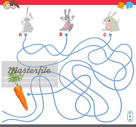 Cartoon Illustration of Paths or Maze Puzzle Activity Game with Rabbit Characters