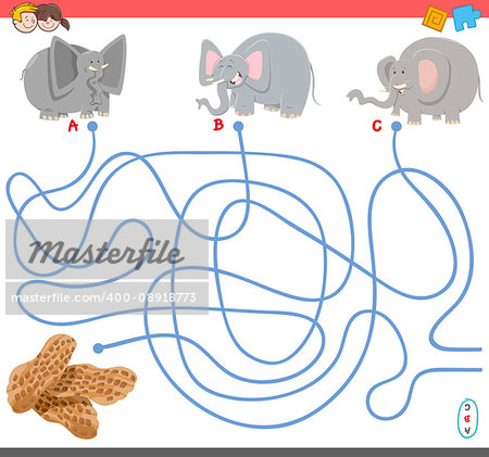 Cartoon Illustration of Paths or Maze Puzzle Activity Game with Elephant Animal Characters and Peanuts