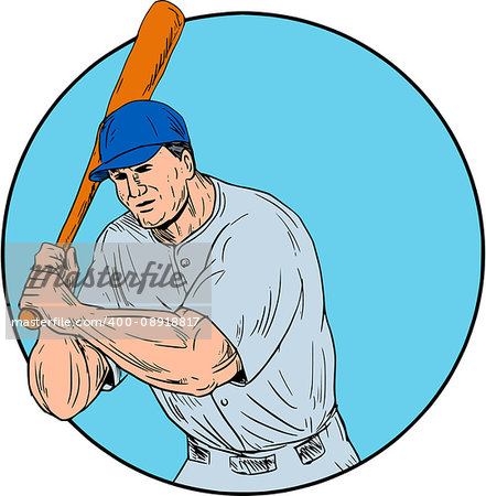 Drawing sketch style illustration of an american baseball player batter hitter holding bat viewed from front set inside circle.