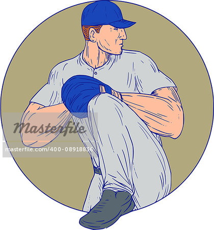 Drawing sketch style illustration of an american baseball player pitcher outfilelder about to throw a ball viewed from the side set inside circle on isolated background.